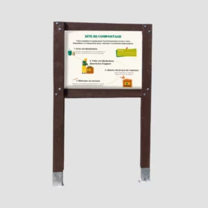 Panneau d'information sur le compostage, fabriqué en plastique recyclé, destiné aux espaces publics, campings et écoles, avec impression personnalisée pour sensibiliser à la gestion des biodéchets.