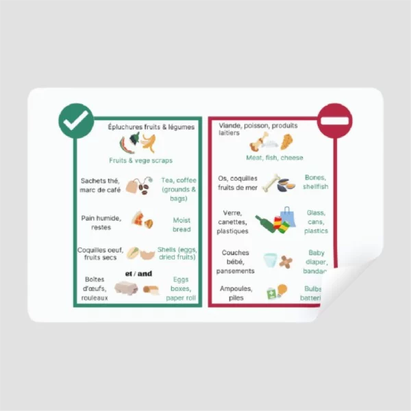 Sticker mémo-tri personnalisable pour bioseaux de 7 L, 10 L et 23 L, à coller sur le couvercle pour faciliter la gestion des déchets.